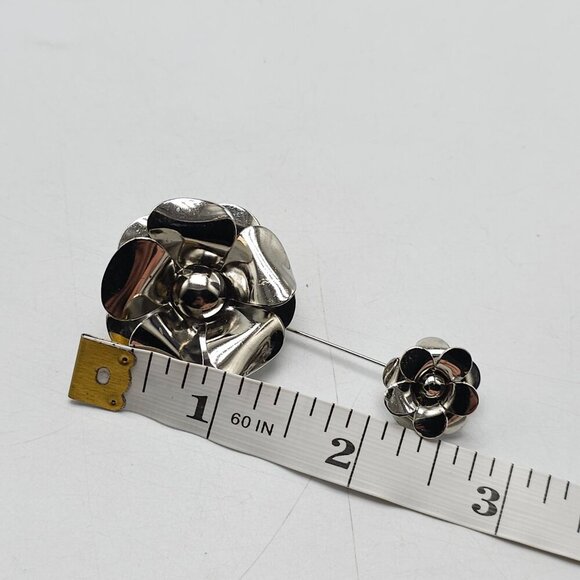 Silver Tone Floral Brooch Stick Pin With Dual Flower Design - Picture 4 of 4